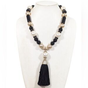 Black and Gold Tassel Necklace with Beaded Elegance